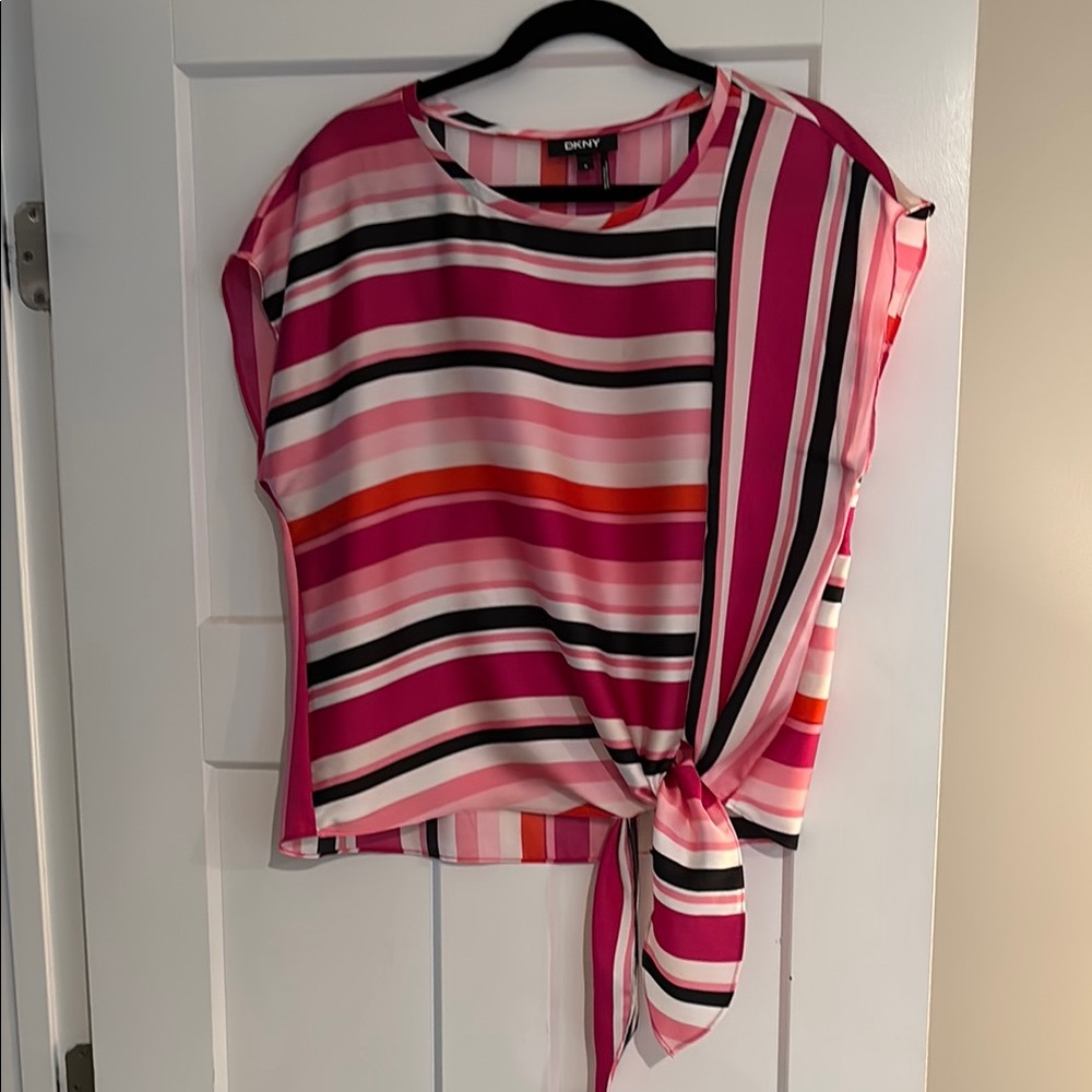 DKNY Multicolor Striped Blouse with Tie Detail